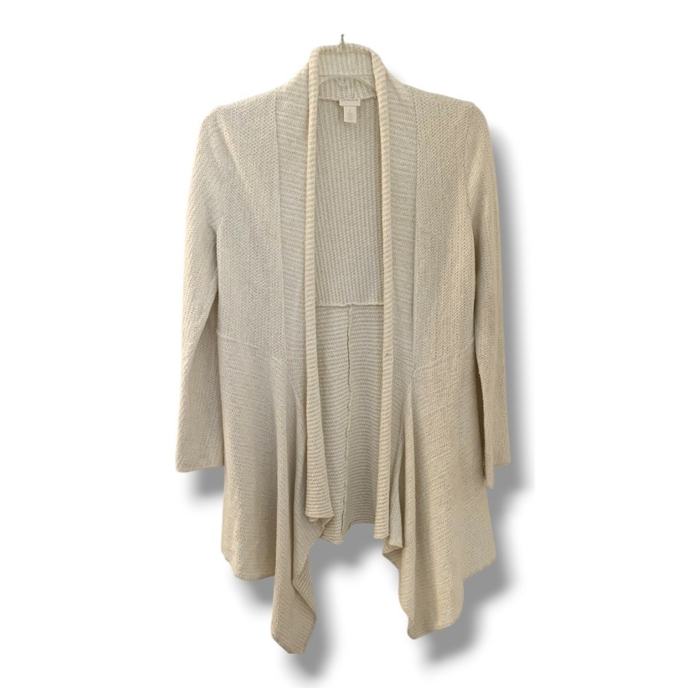 Chico's Cream Gold Metallic Open Front Draped Cardigan Sweater Size 2 Large - Picture 2 of 8